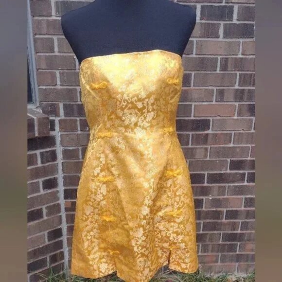 Sau Lee Gold Metallic Brocade Strapless Mini Dress Cocktail Holiday Party 10 NWT - Picture 2 of 7